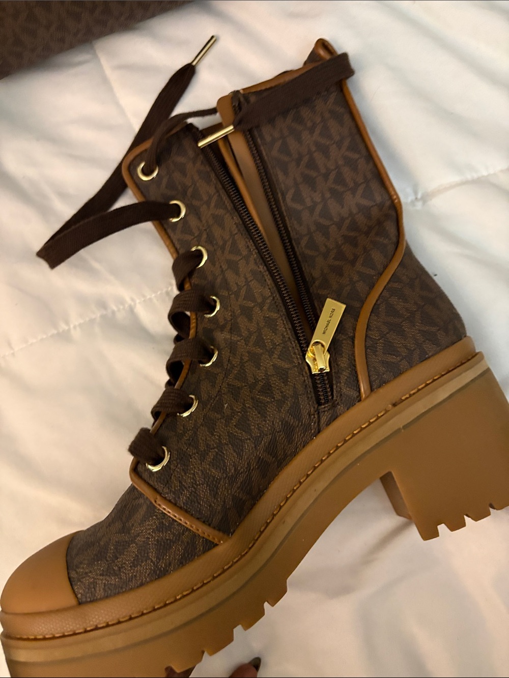 Michael Kors Brown Monogram Satchel and Lace-Up Heeled Boots - Picture 5 of 12